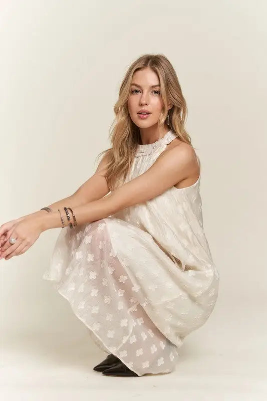 Applique Pearl Grecian Neck Midi Dress