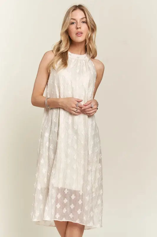 Applique Pearl Grecian Neck Midi Dress