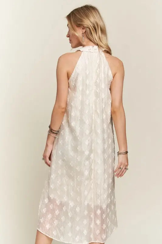Applique Pearl Grecian Neck Midi Dress