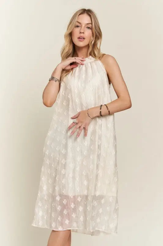 Applique Pearl Grecian Neck Midi Dress