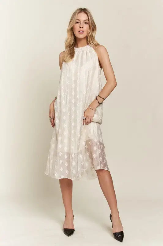 Applique Pearl Grecian Neck Midi Dress