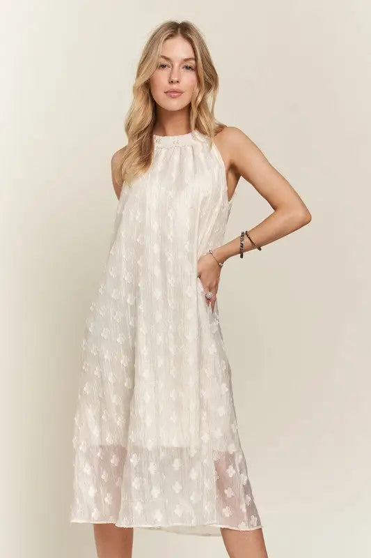 Applique Pearl Grecian Neck Midi Dress