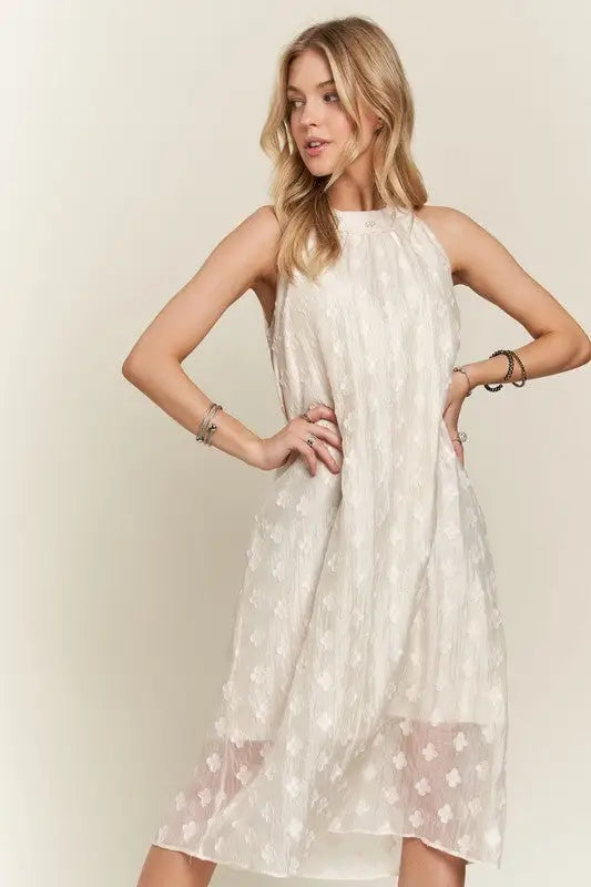 Applique Pearl Grecian Neck Midi Dress