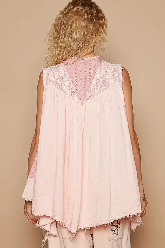 Apricot Sleeveless Cardigan with Pearls Detail