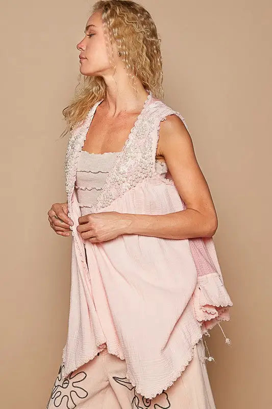 Apricot Sleeveless Cardigan with Pearls Detail