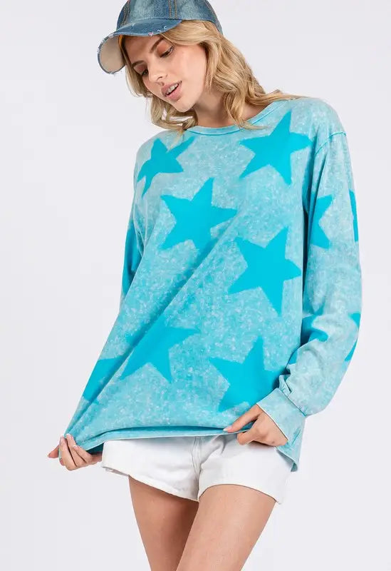 Aqua Mineral Wash Star Pattern T-Shirt