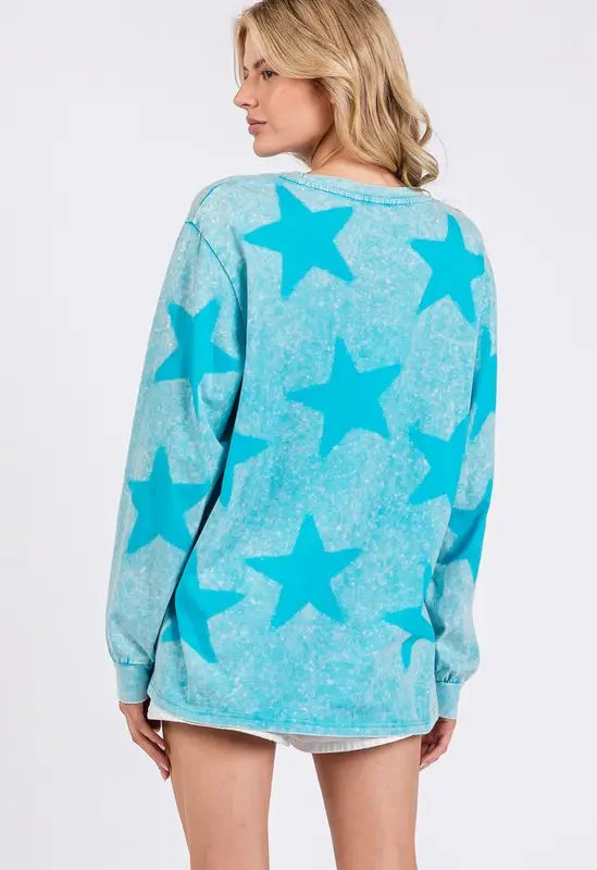 Aqua Mineral Wash Star Pattern T-Shirt