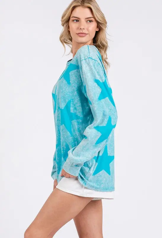 Aqua Mineral Wash Star Pattern T-Shirt