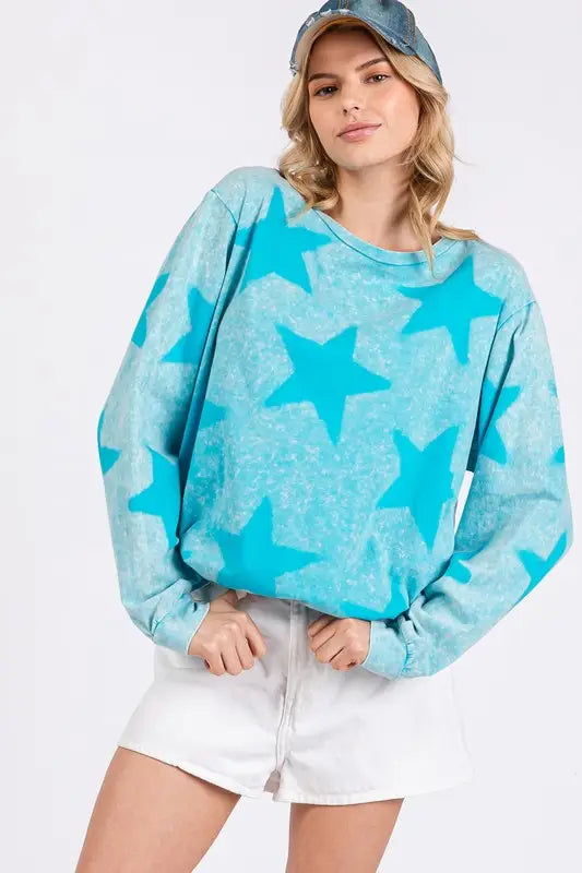Aqua Mineral Wash Star Pattern T-Shirt