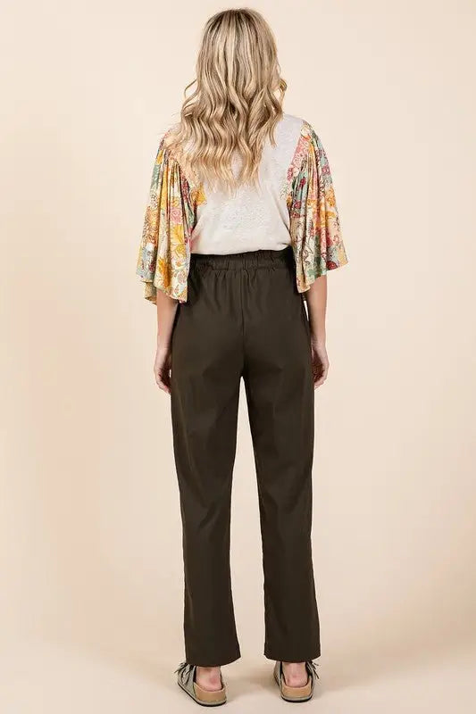 Army Green Paperbag Waist Tapered Straight Pants
