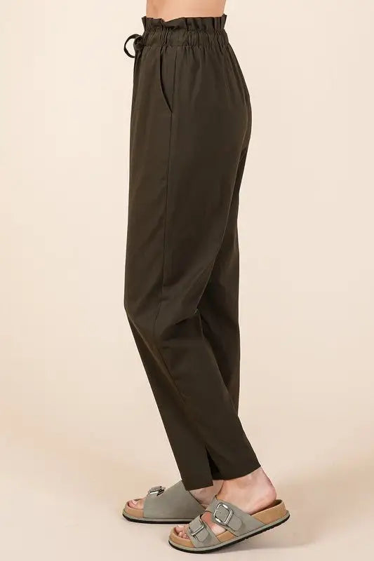 Army Green Paperbag Waist Tapered Straight Pants