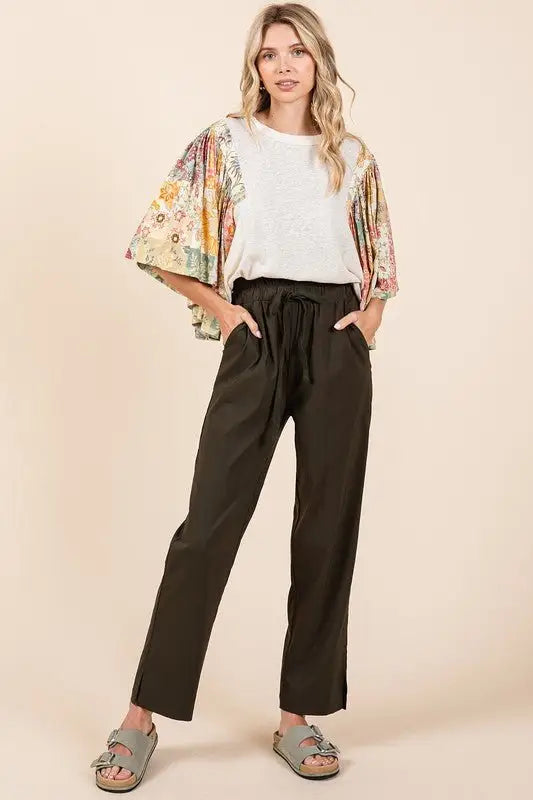 Army Green Paperbag Waist Tapered Straight Pants