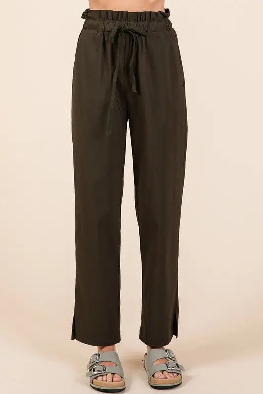 Army Green Paperbag Waist Tapered Straight Pants