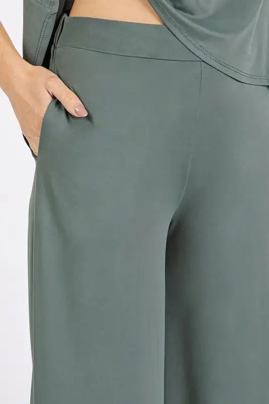 Army Green Stretch Wide Leg Pants