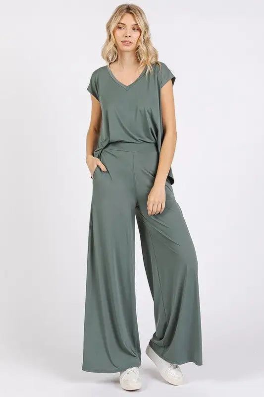 Army Green Stretch Wide Leg Pants