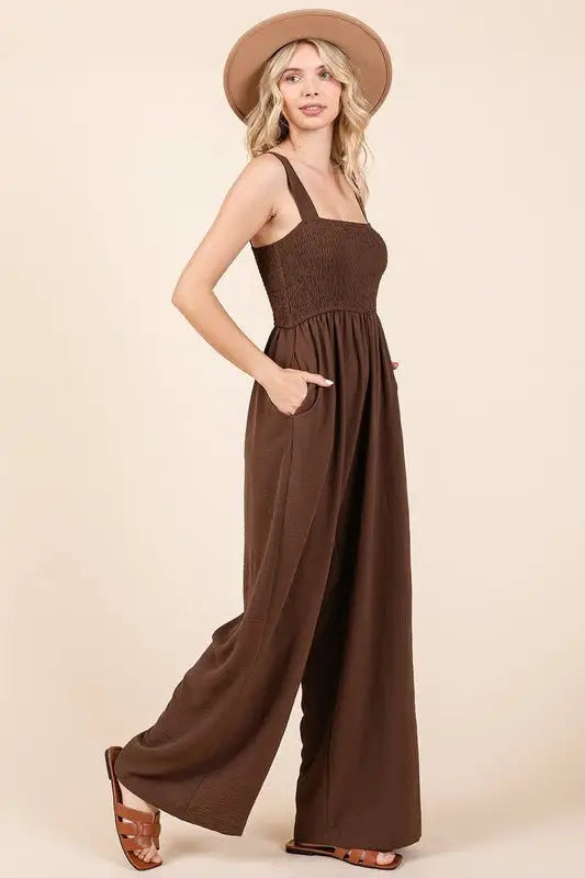 Ash Brown Wide Strap Wide Leg Overalls