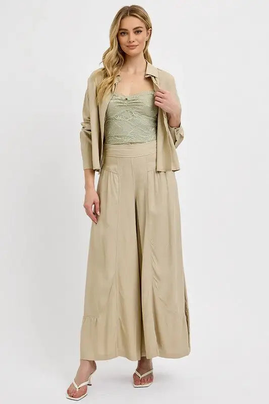 Beige Shirring Wide Leg Pants - Pants