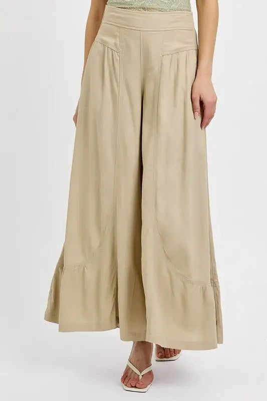 Beige Shirring Wide Leg Pants - Pants