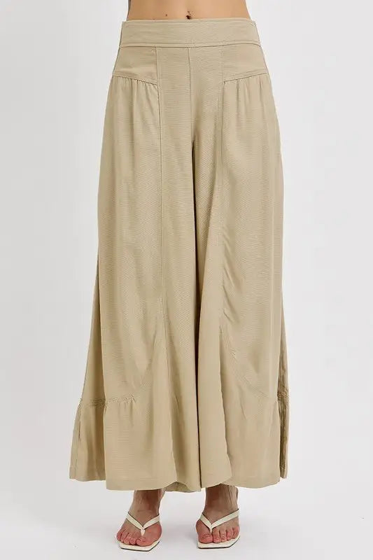 Beige Shirring Wide Leg Pants - Pants