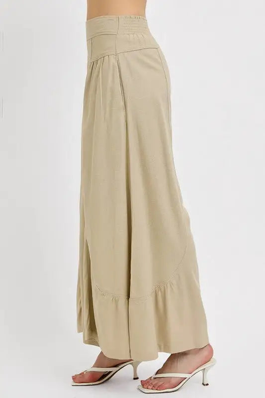 Beige Shirring Wide Leg Pants - Pants