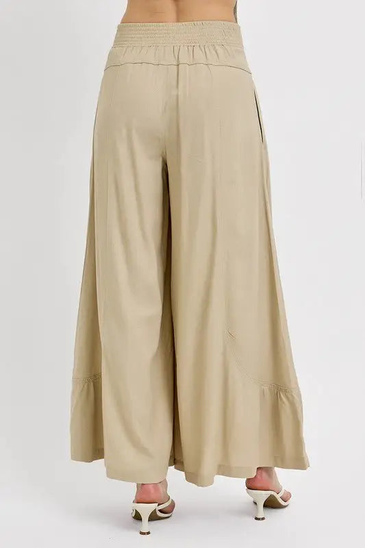Beige Shirring Wide Leg Pants - Pants