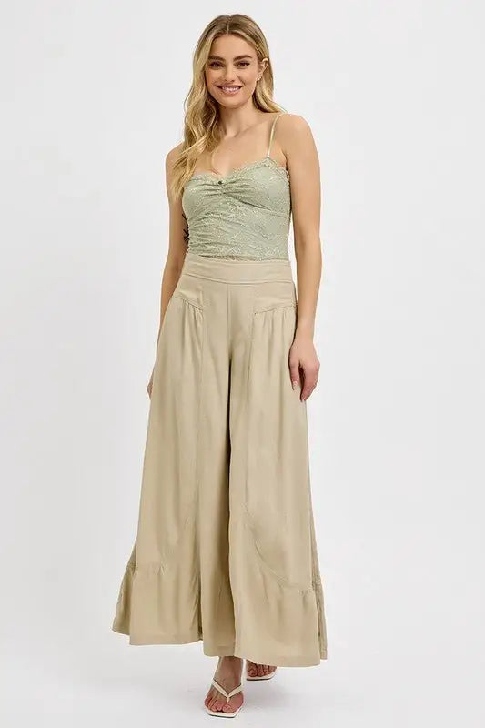 Beige Shirring Wide Leg Pants - Pants