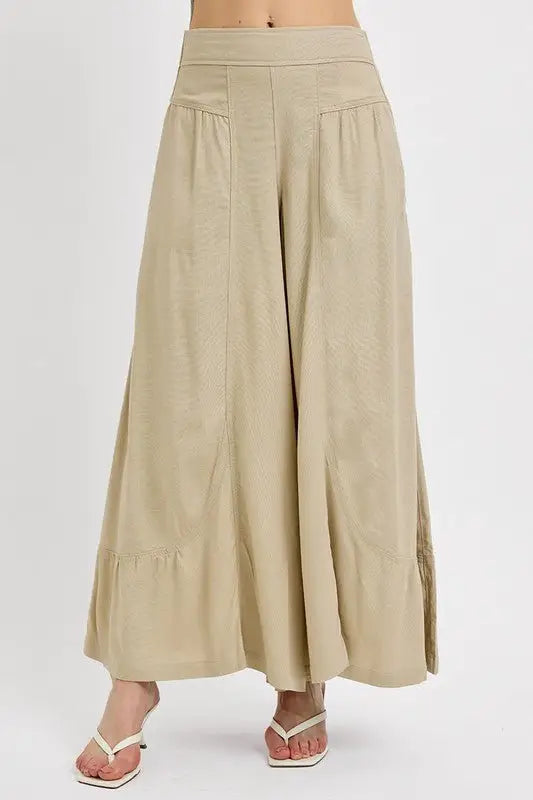 Beige Shirring Wide Leg Pants - Pants