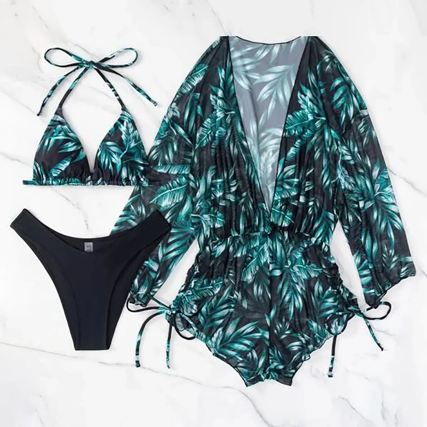 Bikini with Cover Up Romper - Teal Leaf Print 3 Piece Set Bikinis