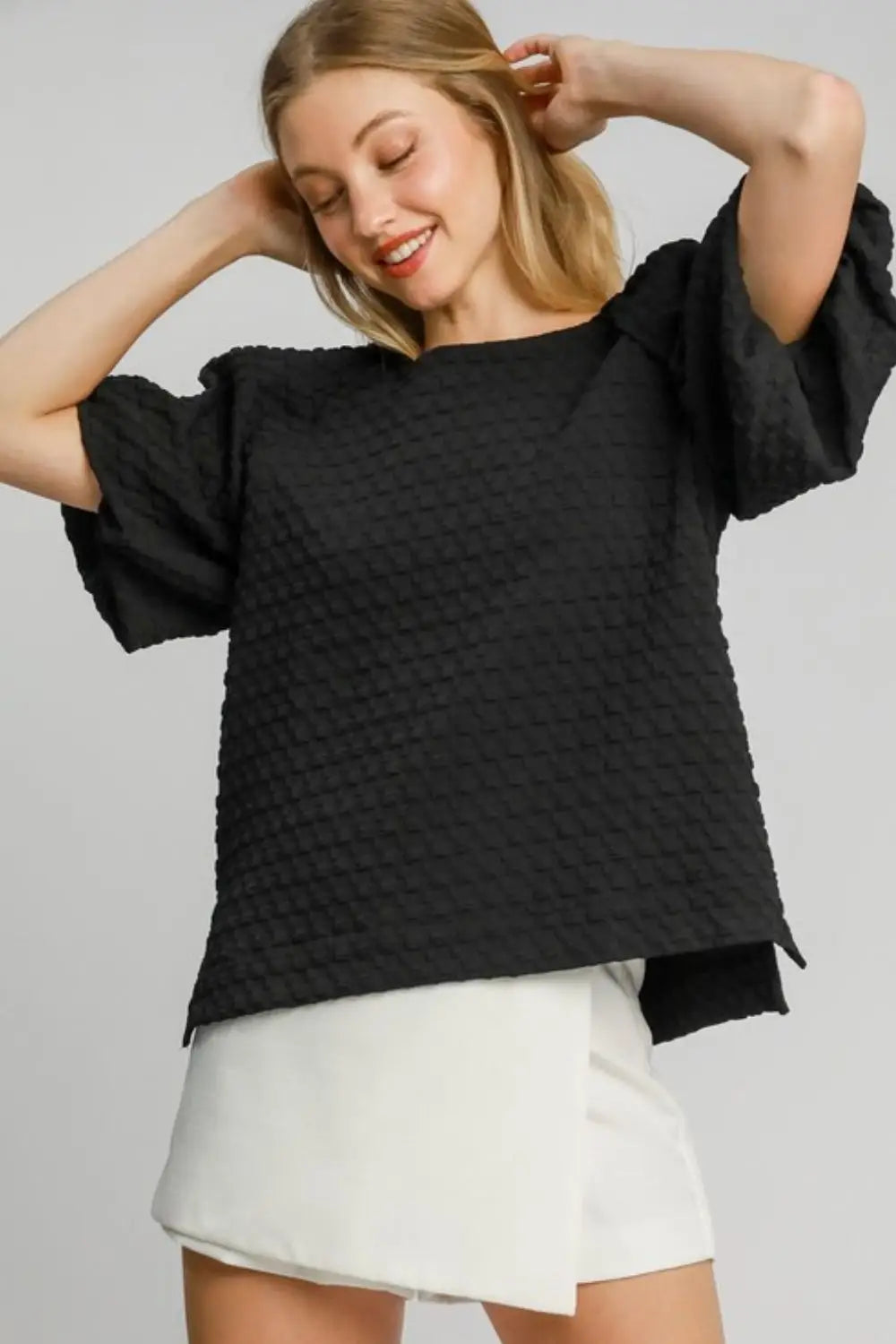 Umgee Full Size Boxy Cut Jacquard Round Neck Top with Side Slit Plus Size - Eclectage