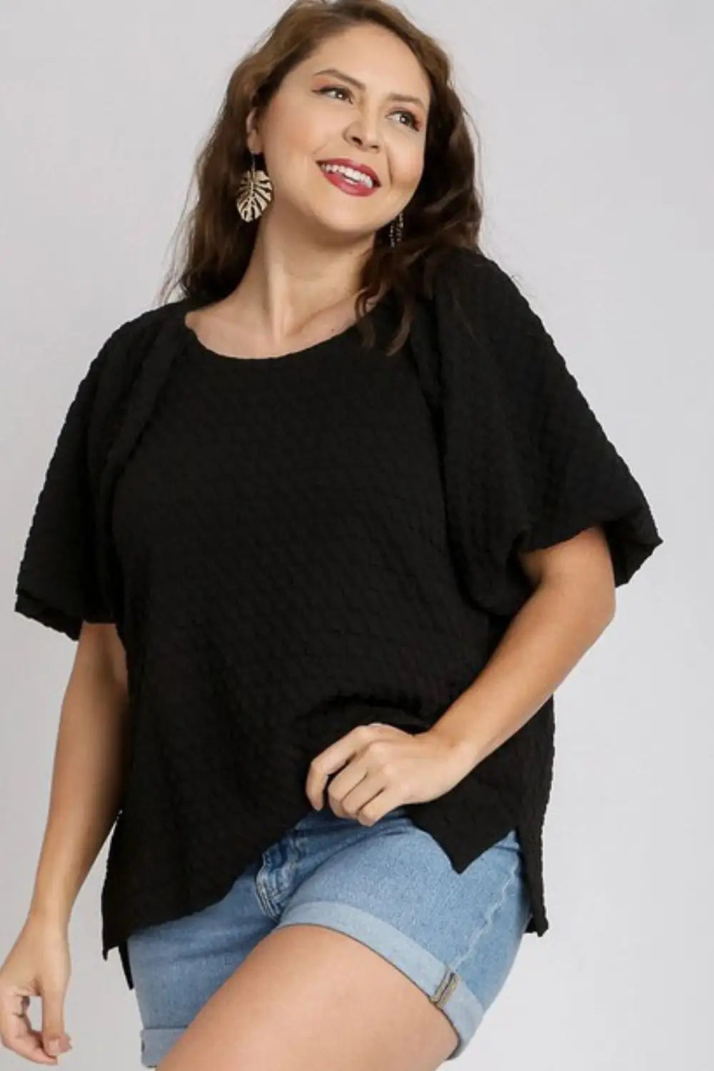 Umgee Full Size Boxy Cut Jacquard Round Neck Top with Side Slit Plus Size - Eclectage