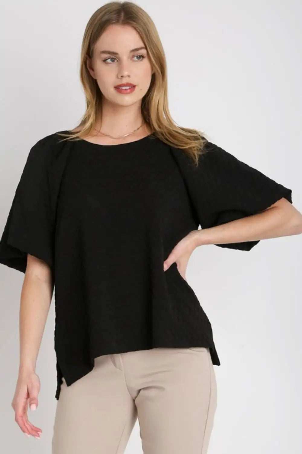 Umgee Full Size Boxy Cut Jacquard Round Neck Top with Side Slit Plus Size - Eclectage