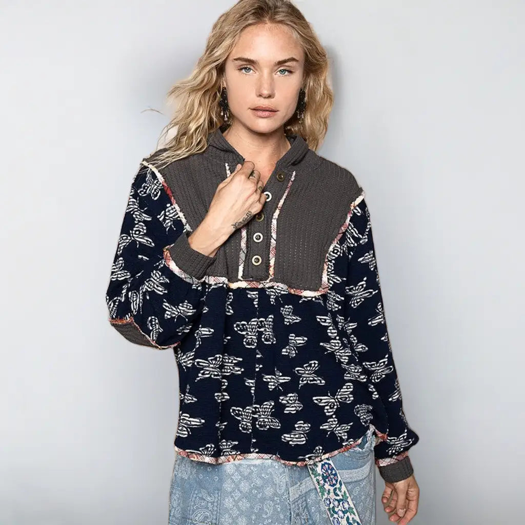 Black Butterfly Waffle-Knit Hooded Top