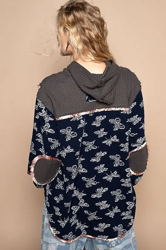 Black Butterfly Waffle-Knit Hooded Top