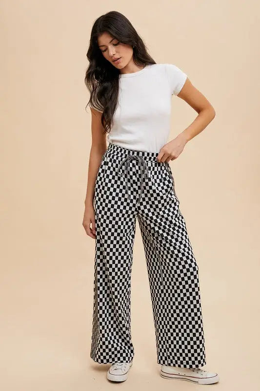 Black Checkered Wide Leg Black Pants - Eclectage