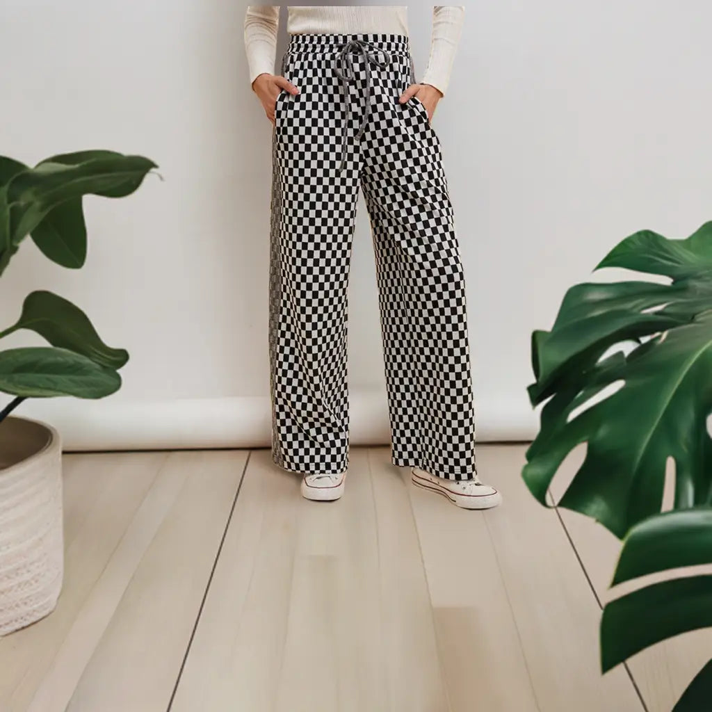 Black Checkered Wide Leg Black Pants