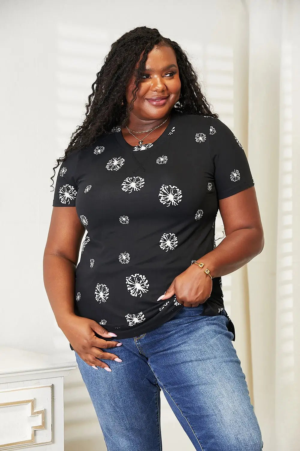 Black Dandelion Print T-Shirt - T-Shirts