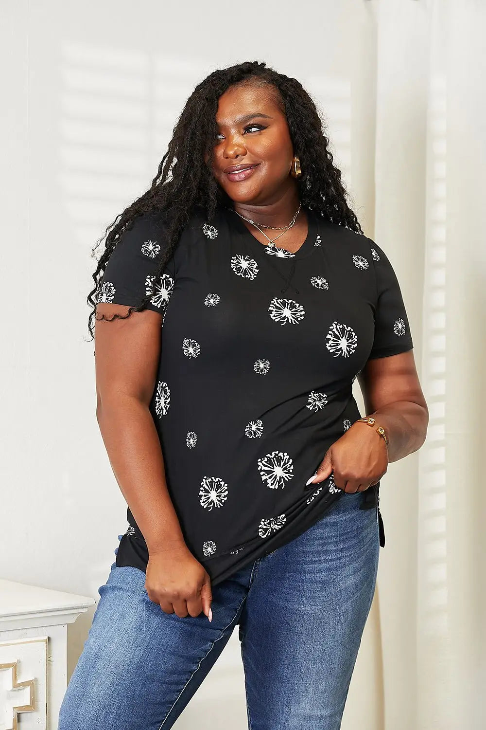 Black Dandelion Print T-Shirt - T-Shirts