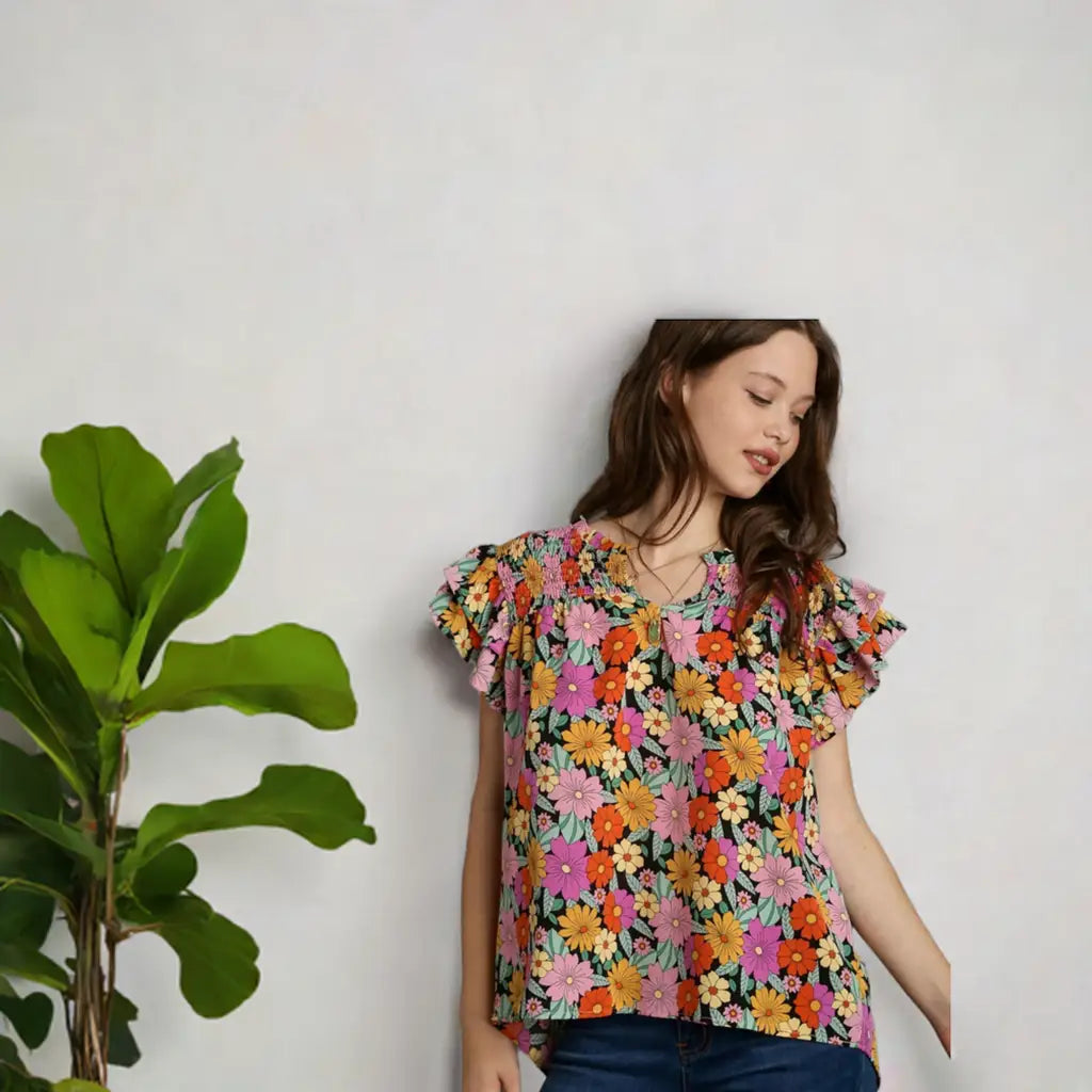 Black Floral Printed Smocked Top