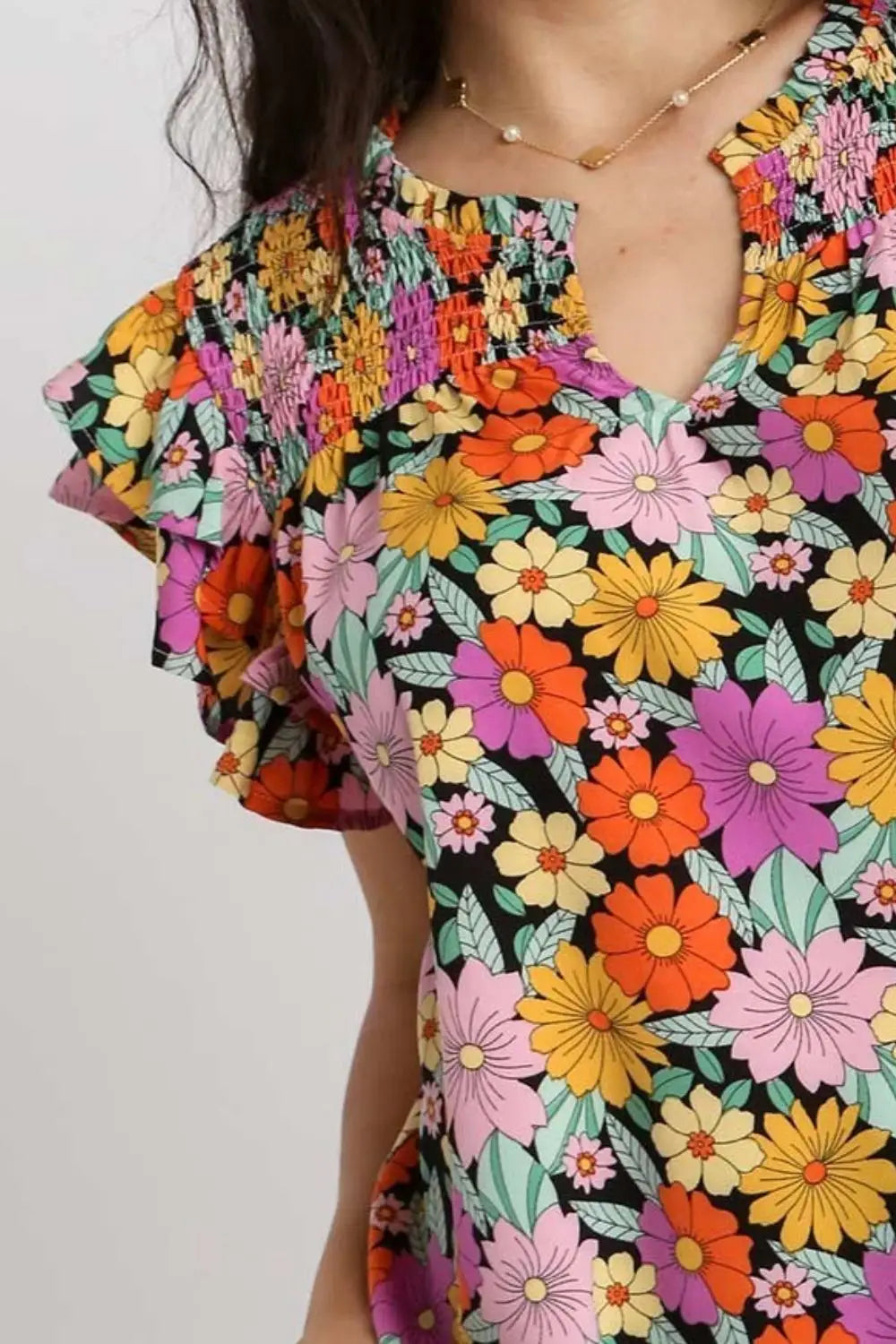 Black Floral Printed Smocked Top - Eclectage