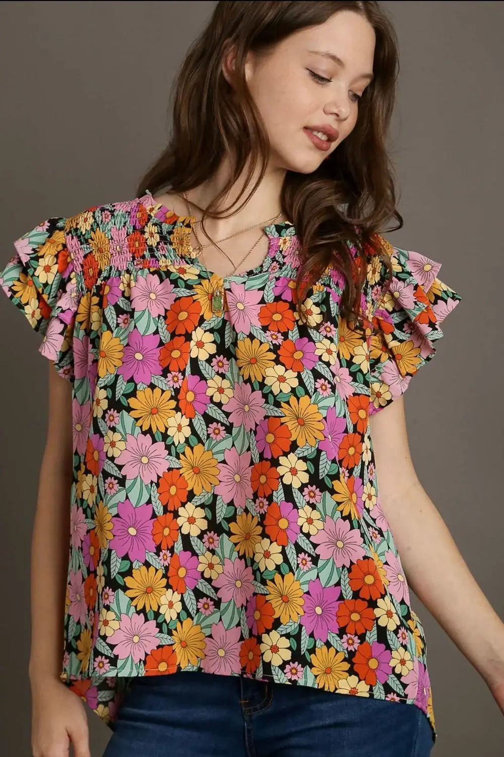Black Floral Printed Smocked Top - Eclectage