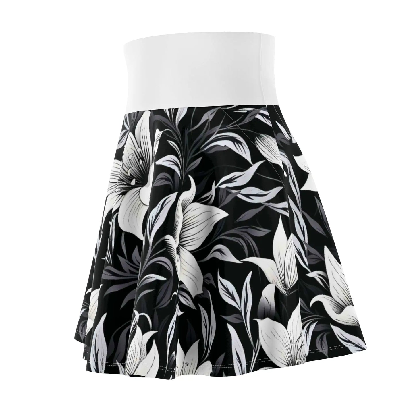 Black and Gray Floral Skater Skirt with White Waistband All Over Prints