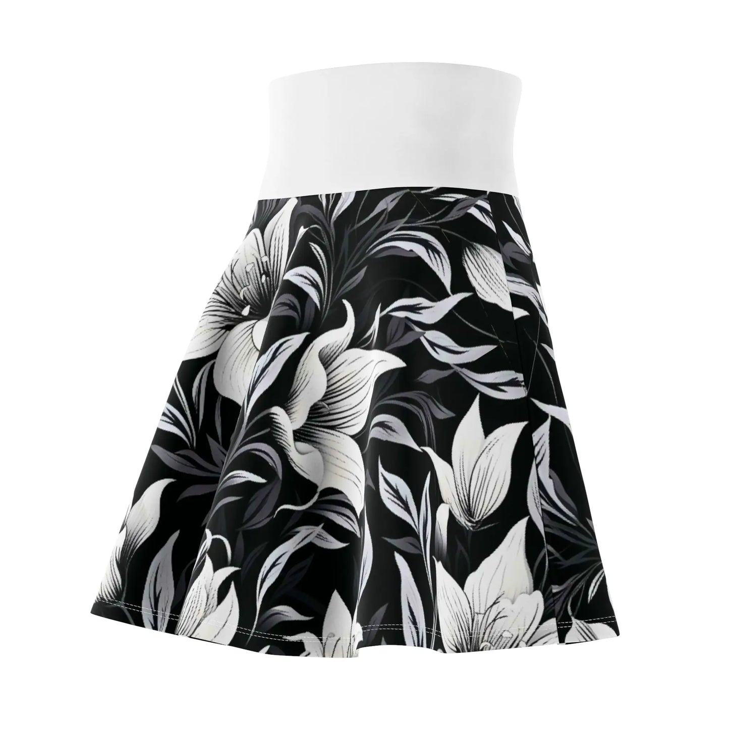 Black and Gray Floral Skater Skirt with White Waistband All Over Prints