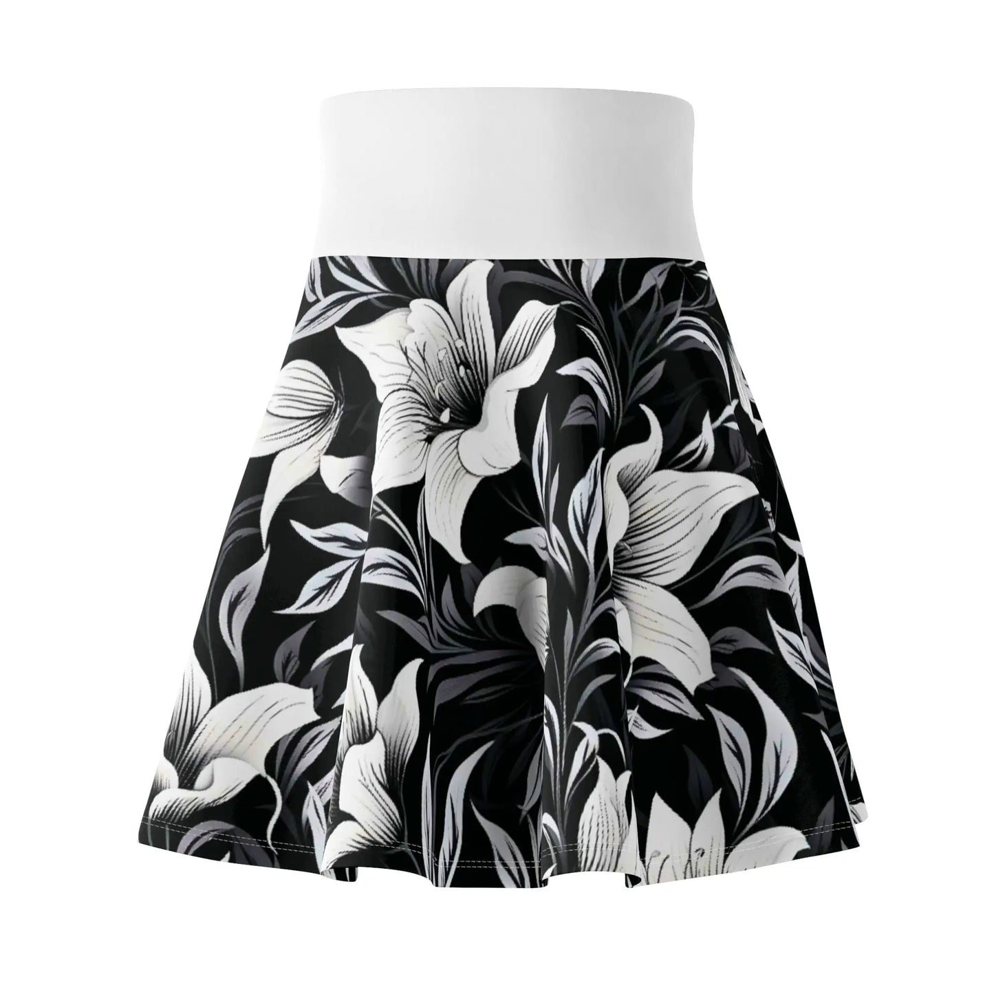 Black and Gray Floral Skater Skirt with White Waistband All Over Prints