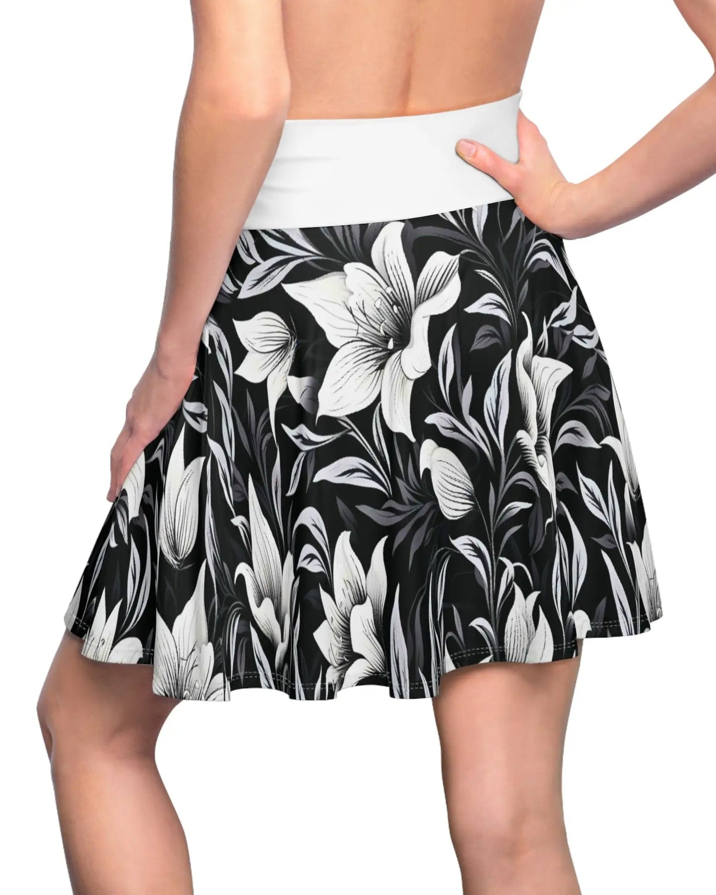 Black and Gray Floral Skater Skirt with White Waistband All Over Prints