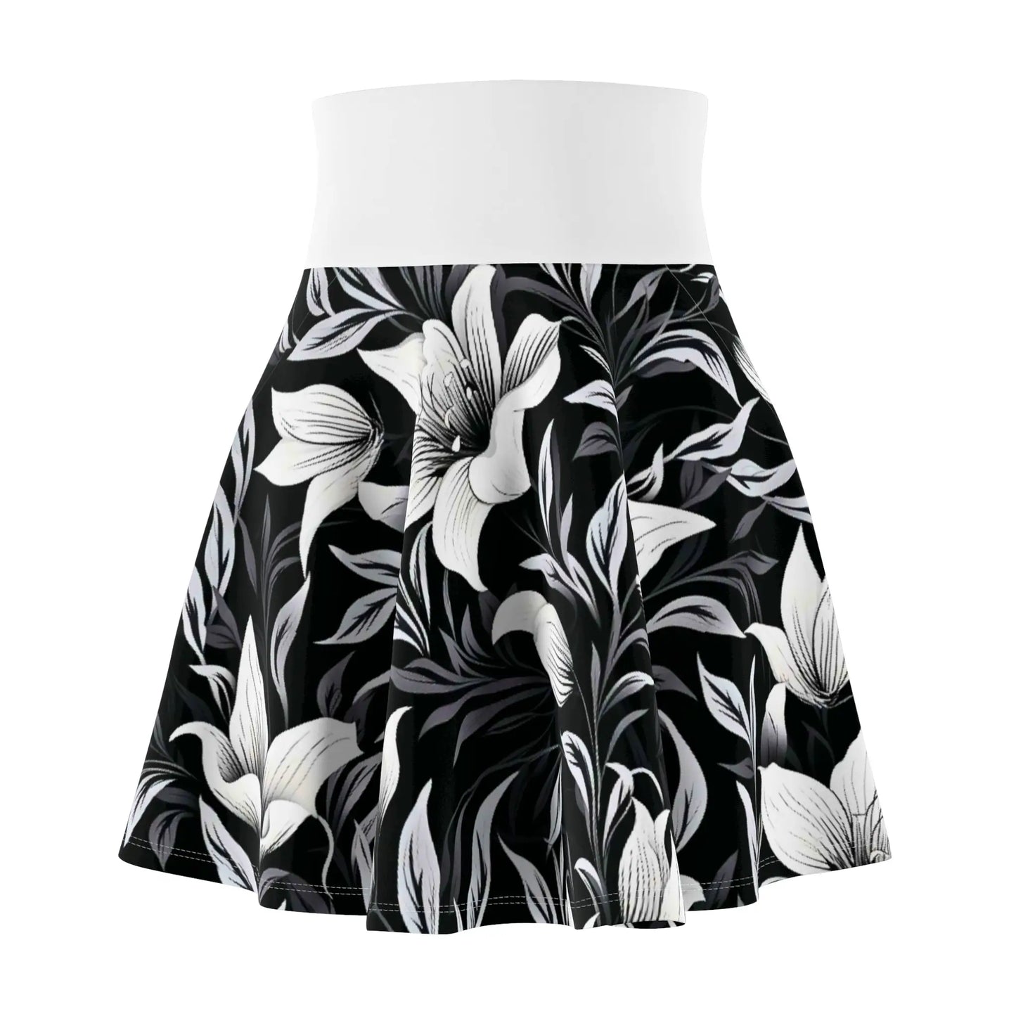 Black and Gray Floral Skater Skirt with White Waistband XS / 4 oz. All Over Prints