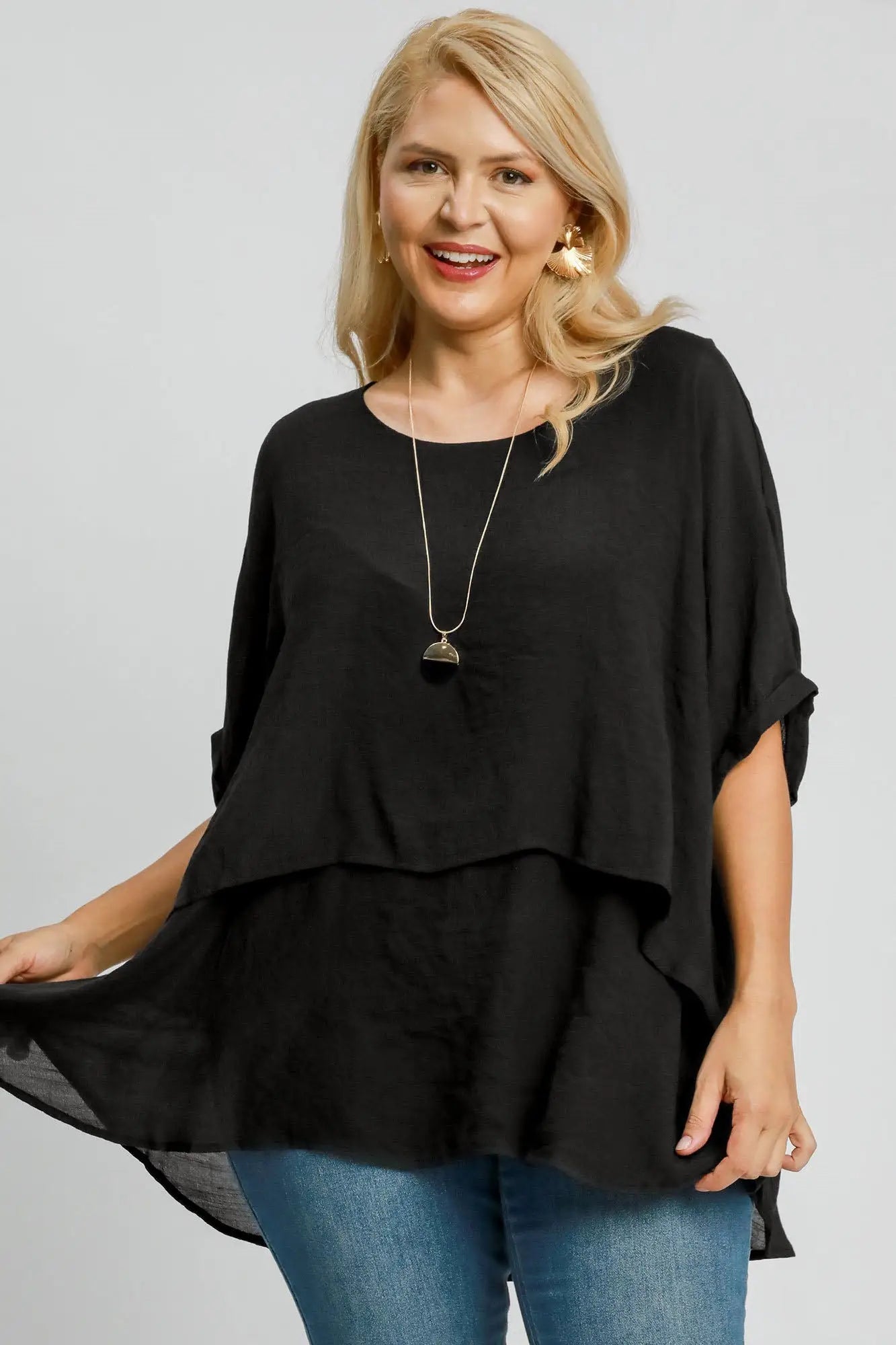 Umgee Full Size Cuffed Half Sleeve Layered Top Plus Size - Eclectage