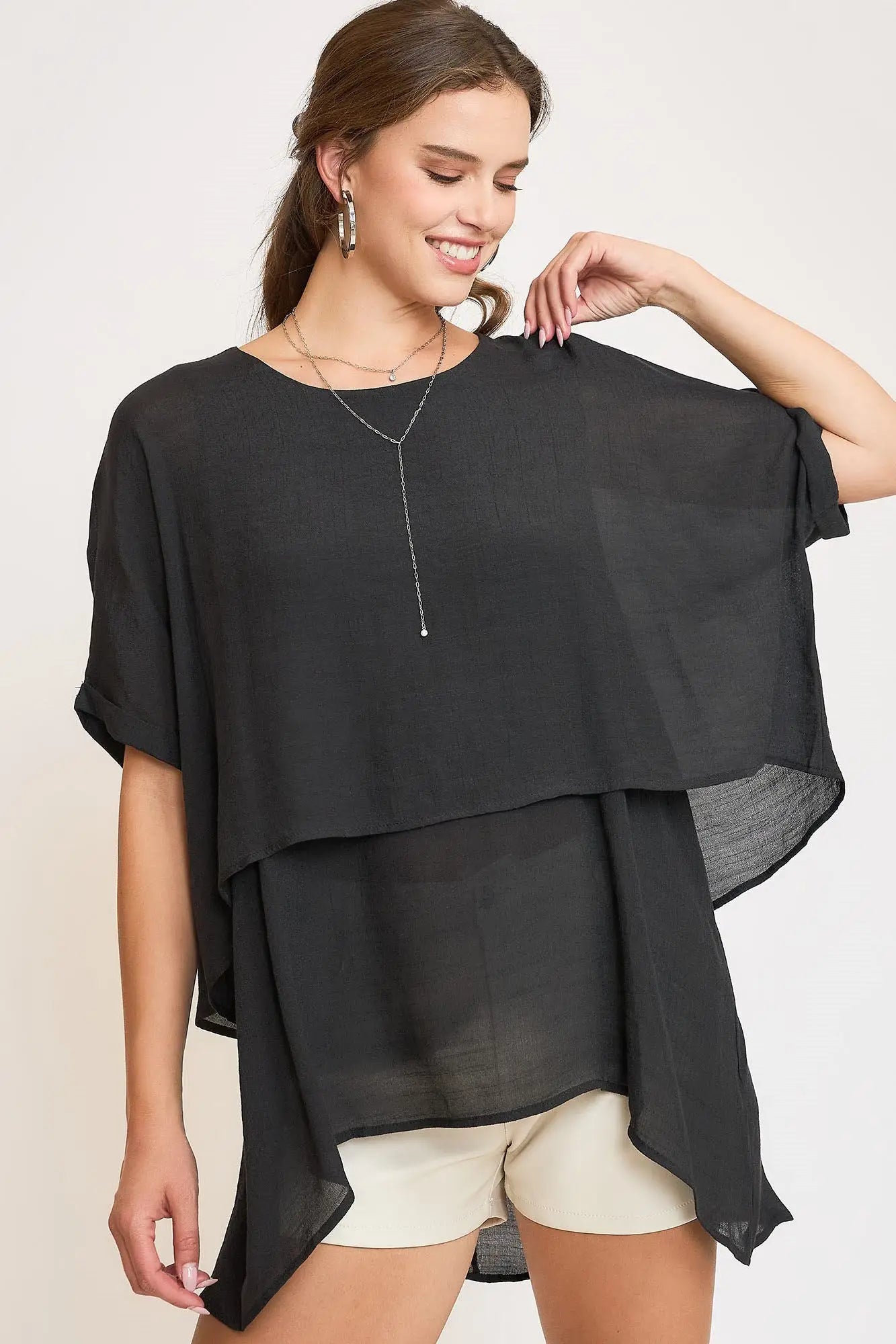 Umgee Full Size Cuffed Half Sleeve Layered Top Plus Size - Eclectage
