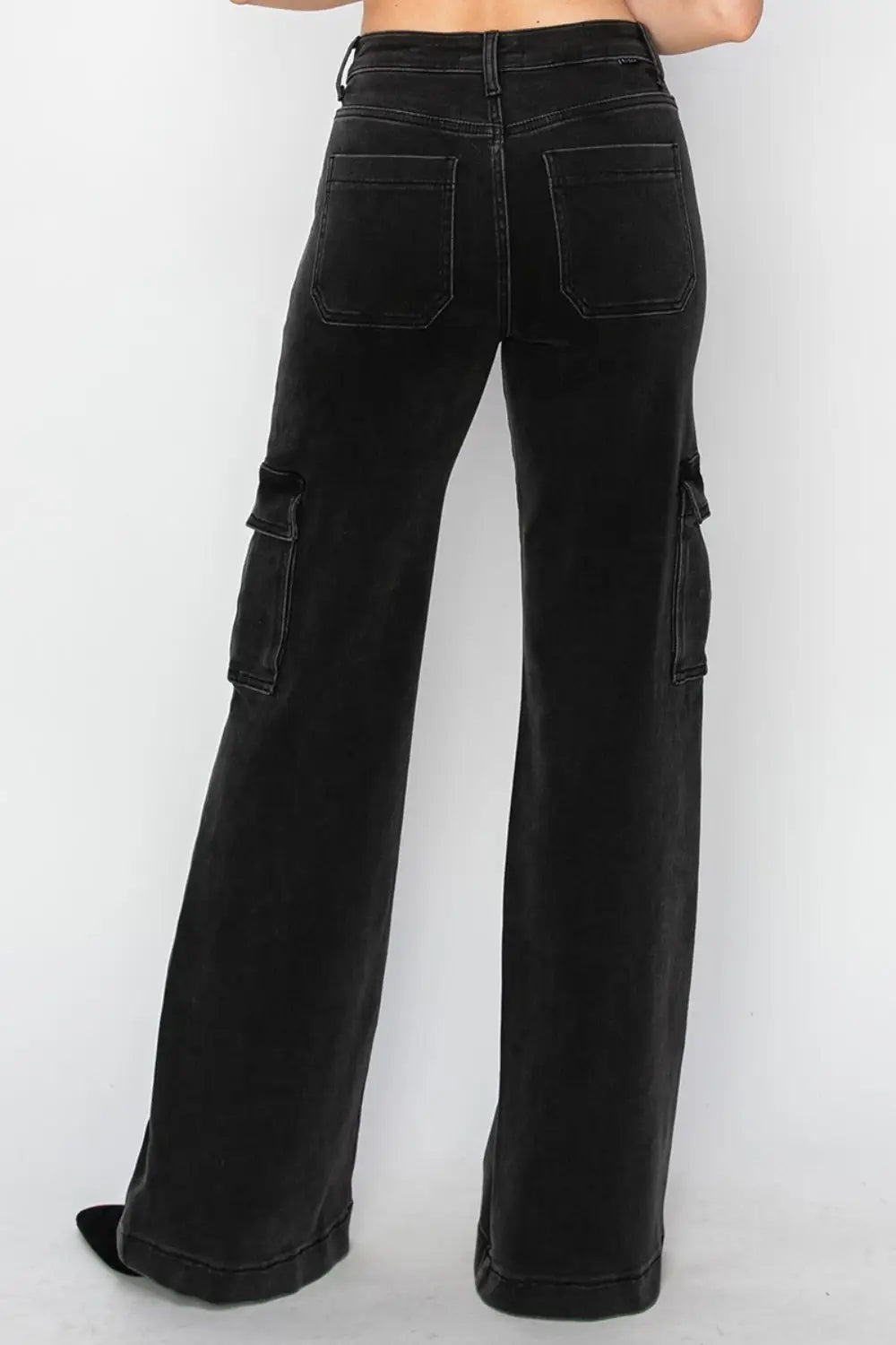 Black High Rise Wide Leg Cargo Jeans - Cargo Jeans
