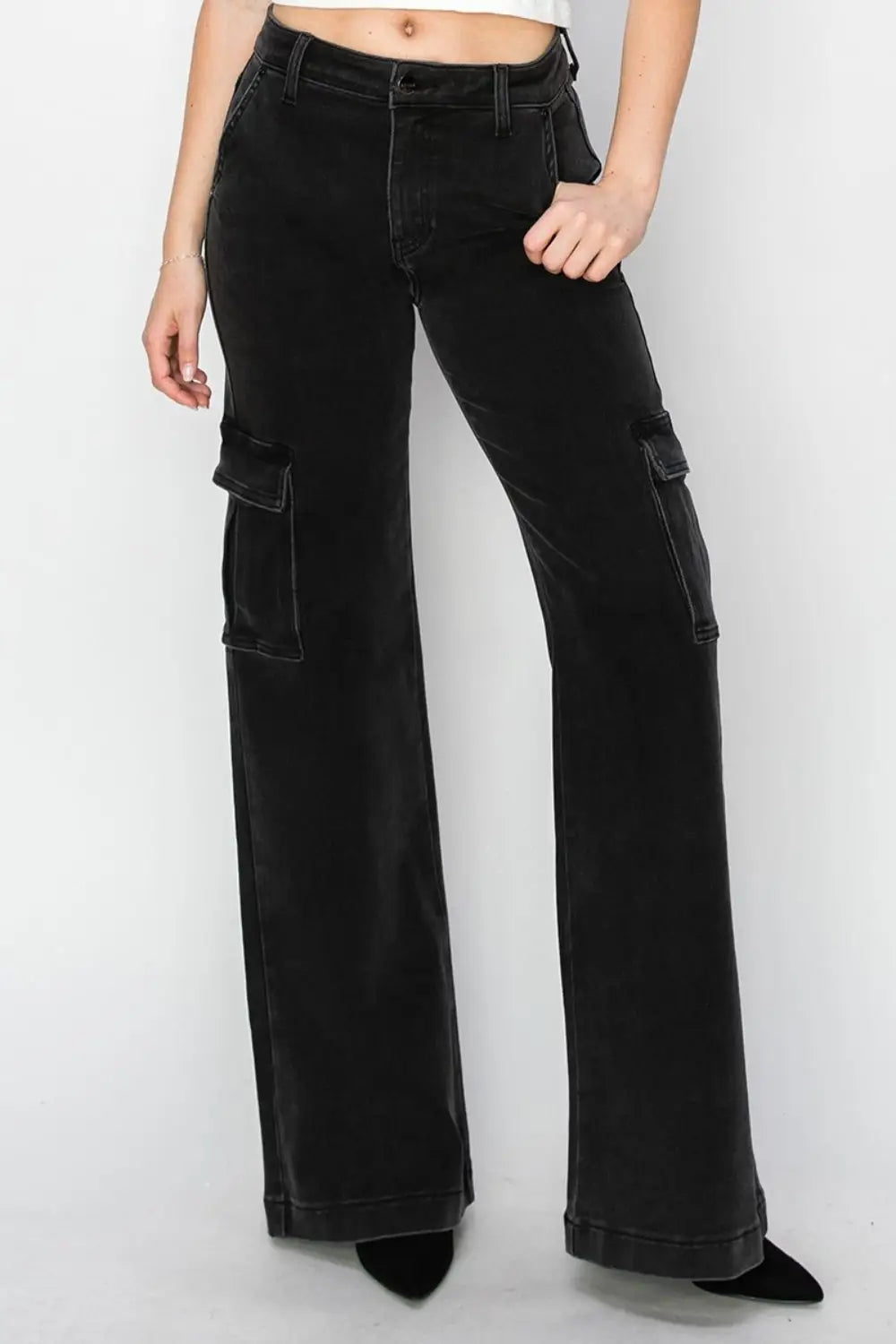 Black High Rise Wide Leg Cargo Jeans - Cargo Jeans
