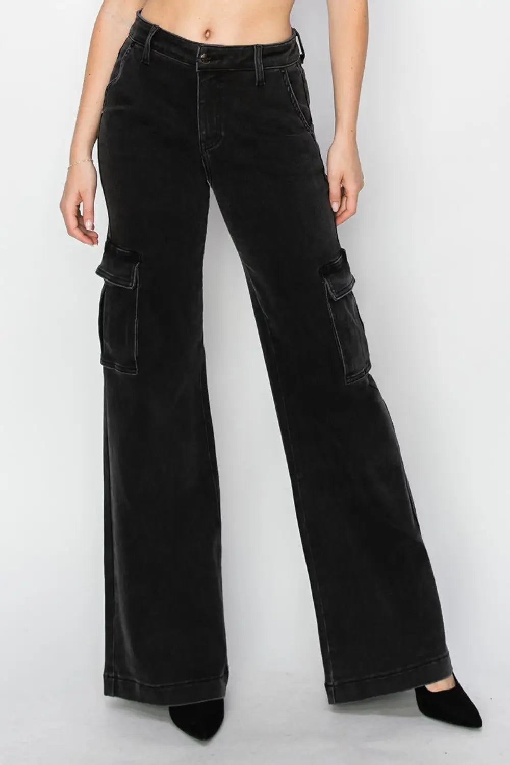 Black High Rise Wide Leg Cargo Jeans - Cargo Jeans